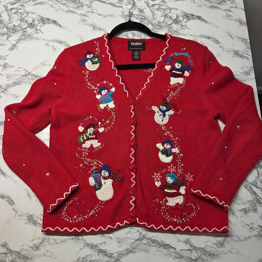 Studio Joy Small Petite Red White Embroidered Button Up Snowman Holiday Sweater